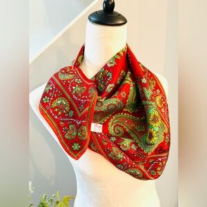 PAOLI Paisley Floral Scarf Red Yellow 27”x27” Made in Japan